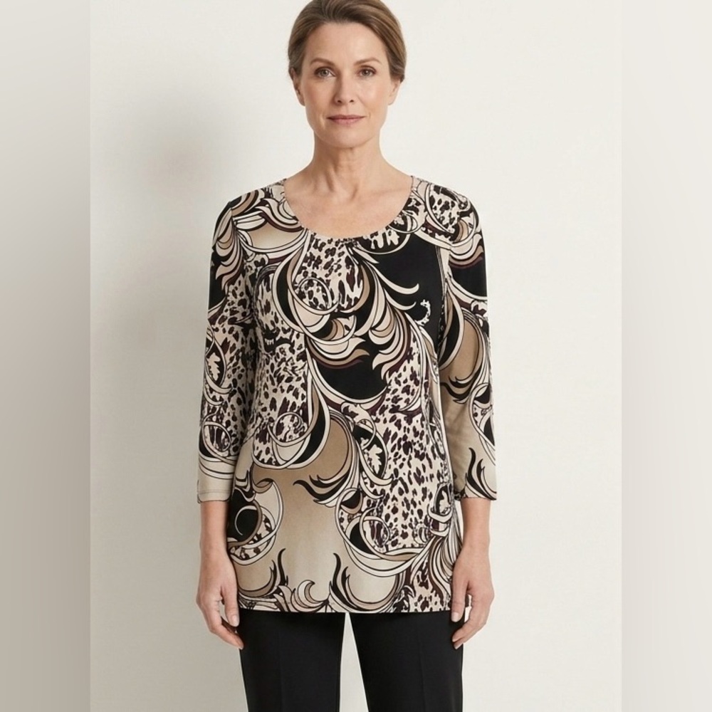Chicos Baroque Abstract Animal Print Pullover Knit Blouse Womens Size 16